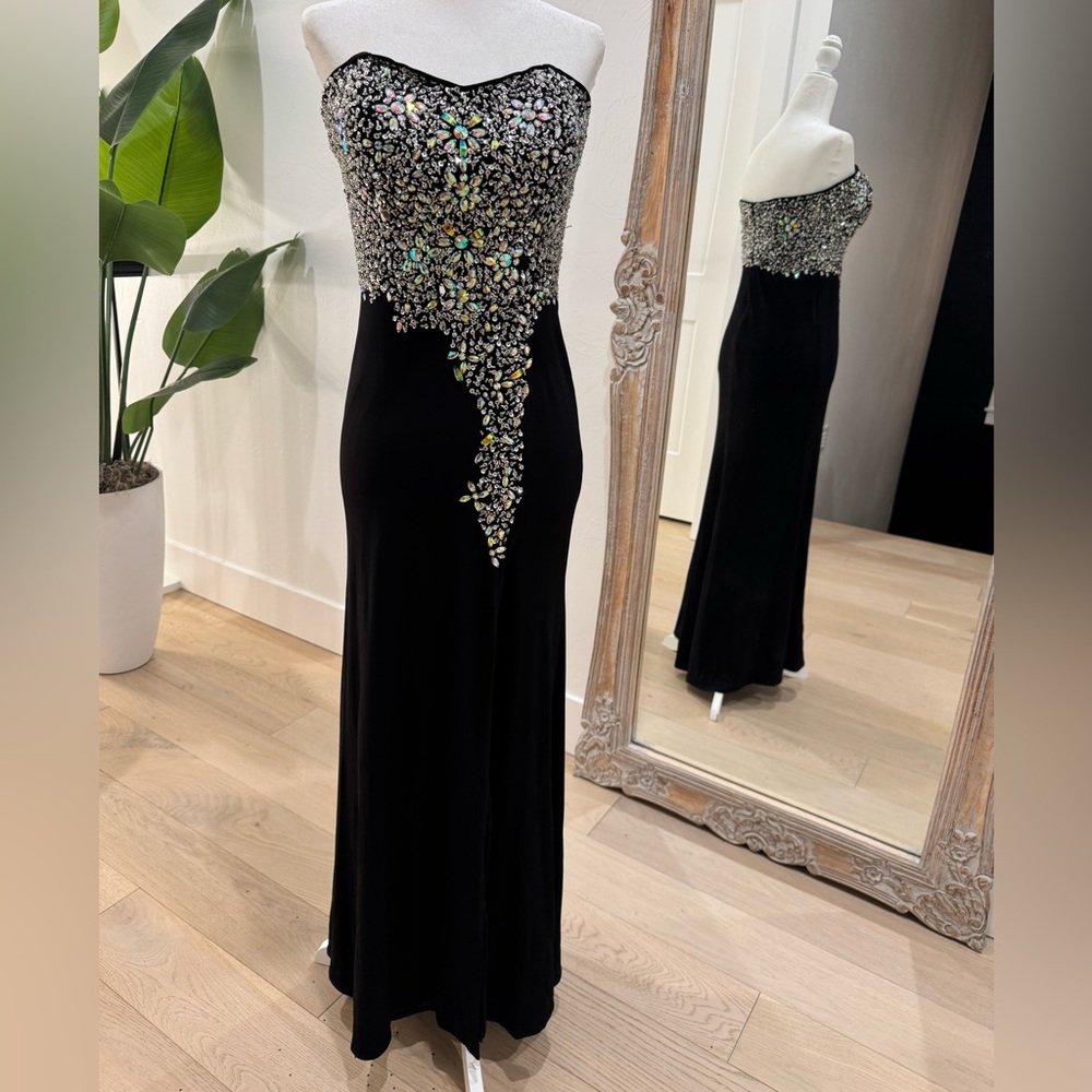 Crystal Doll Black Strapless Dress with Silver Embellishments